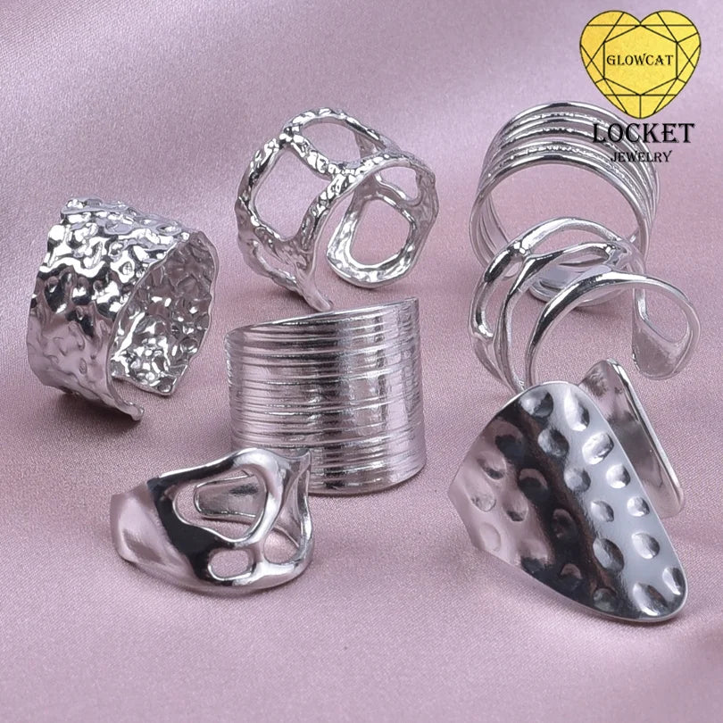 1Pc Stainless Steel Waterproof Women Personality Textured Chunky Open Rings Vintage Hollow Irregular Multi-layer Anillos Jewelry
