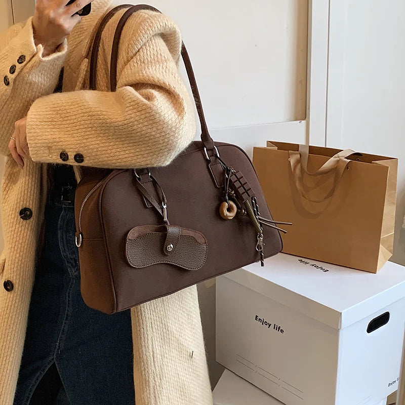 Big Size Women Bowling Bags Suede Pure Color Large Capacity Shoulder Crossbody Bag With Long Strap 2024 Luxury Designer Handbags