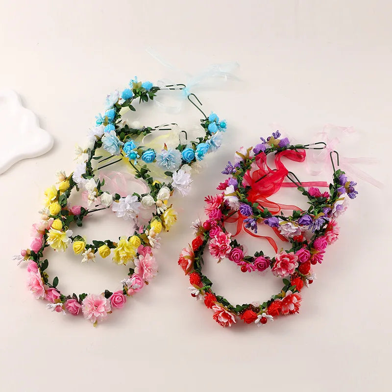 Flower Crown Wreath Bride Garland with Ribbon Communion Wreath Handmade Headband Headpiece Fairy Tiaras Wedding Hair Accessories