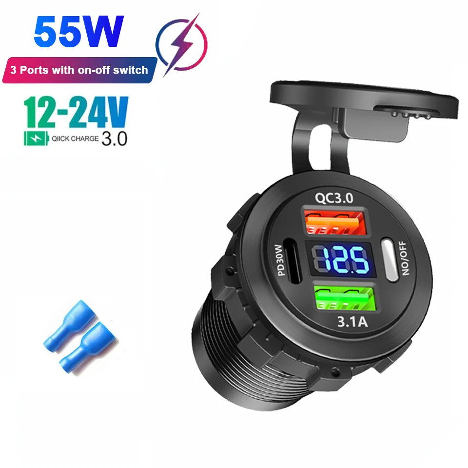 4-Port Car Charger – Dual USB & Type-C Fast Charging with Voltmeter