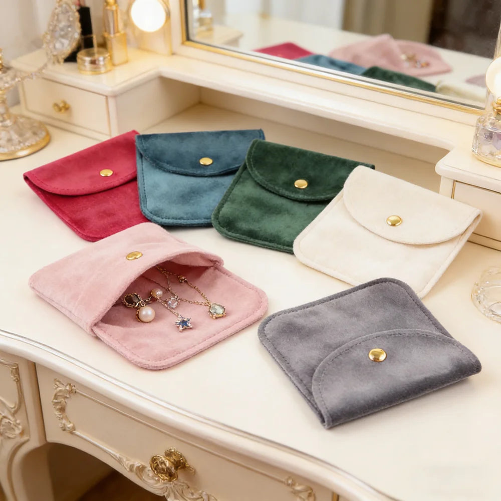 Small Velvet Jewelry Pouch with Snap Button Soft Microfiber Jewelry Packaging Bag Mini Earring Ring Necklace Organizer Storage