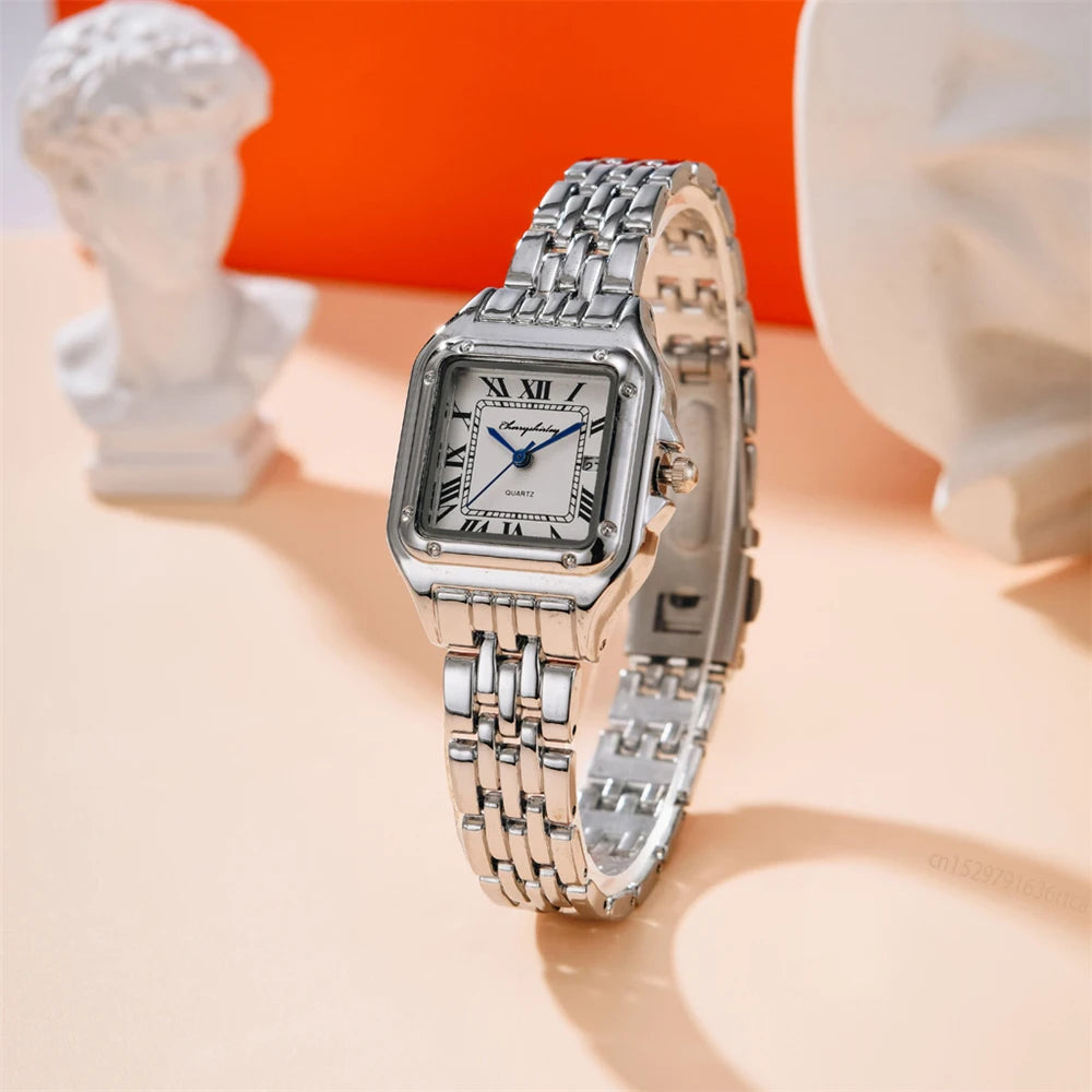 Luxury Branded Women Watches 2025 Simple Square Roman Calendar Women Quartz Watch Fashion Stainless Steel Strap Ladies Clock