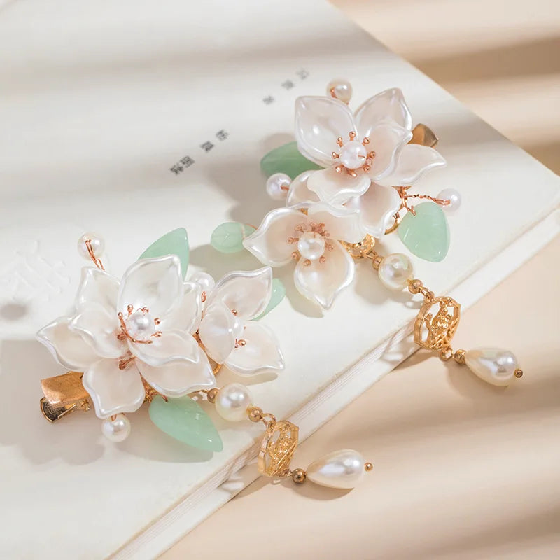 2pcs Flower Hairpin Chinese Hanfu Hair Clips For Women Pearl Tassel Barrettes Girls Vintage Wedding Hair Jewelry Bijoux Gifts