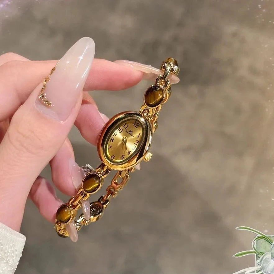 Luxury Vintage Quartz Women's Watches Fashion Natural Green Jade Bracelet Clock Numerals Small Oval Dial Watch Woman Accesories