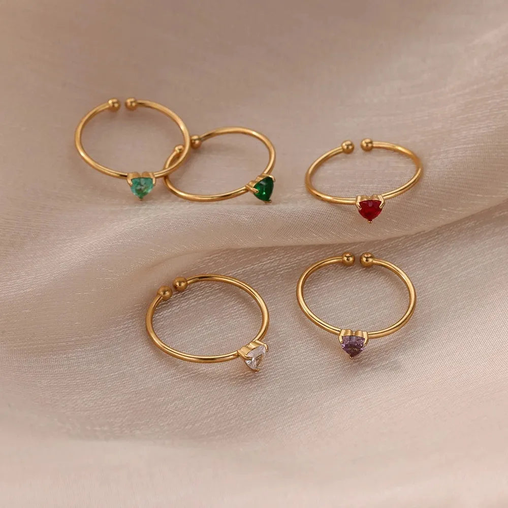 Zircon Heart Birthstone Rings For Women Gold Color Adjustable Stainless Steel Birthstone Heart Ring  Wedding Jewelry Gift BFF