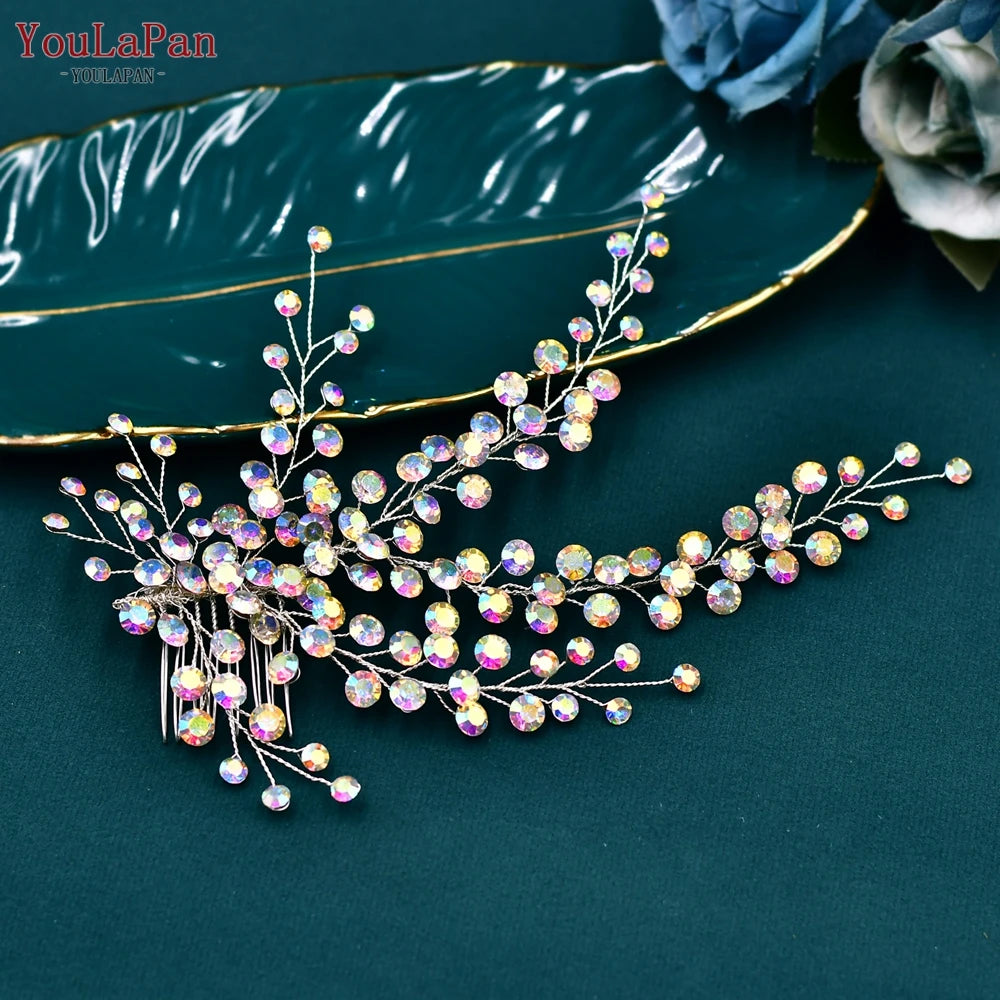 YouLaPan AB Rhinestone Bridal Hair Comb Wedding Hair Accessories Handmade Bride Head Piece Woman Headdress for Party HP590