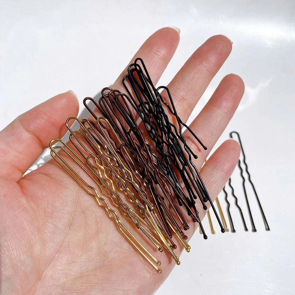 100Pcs Women 5/6 cm Hair Waved U-Shaped Bobby Pin Barrette Salon Grip Clip Bridal Hairpins Black Metal Hair Accessories For Bun