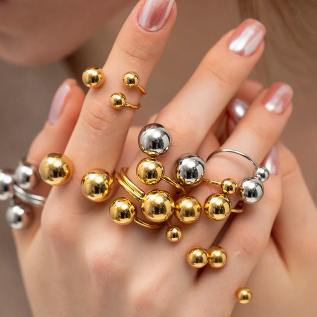 Irregular Beads Stainless Steel Rings For Women Men Open Adjustable Gold Color Chunky Ball Ring Minimalist Waterproof Jewelry