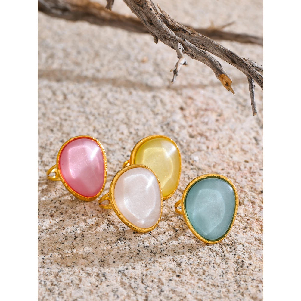 Yhpup Exquisite Candy Multi-Color White Pink Blue Yellow Resin Adjustable Ring Gold Color Stainless Steel Summer Jewelry Gift