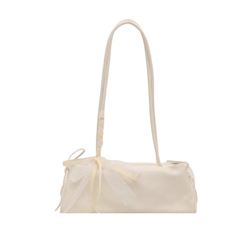 Fashion Bow Lace Ribbons Pu Shoulder Bags for Women Versatile Commuter Ladies Underarm Bag Solid Color Female Handbags Purse