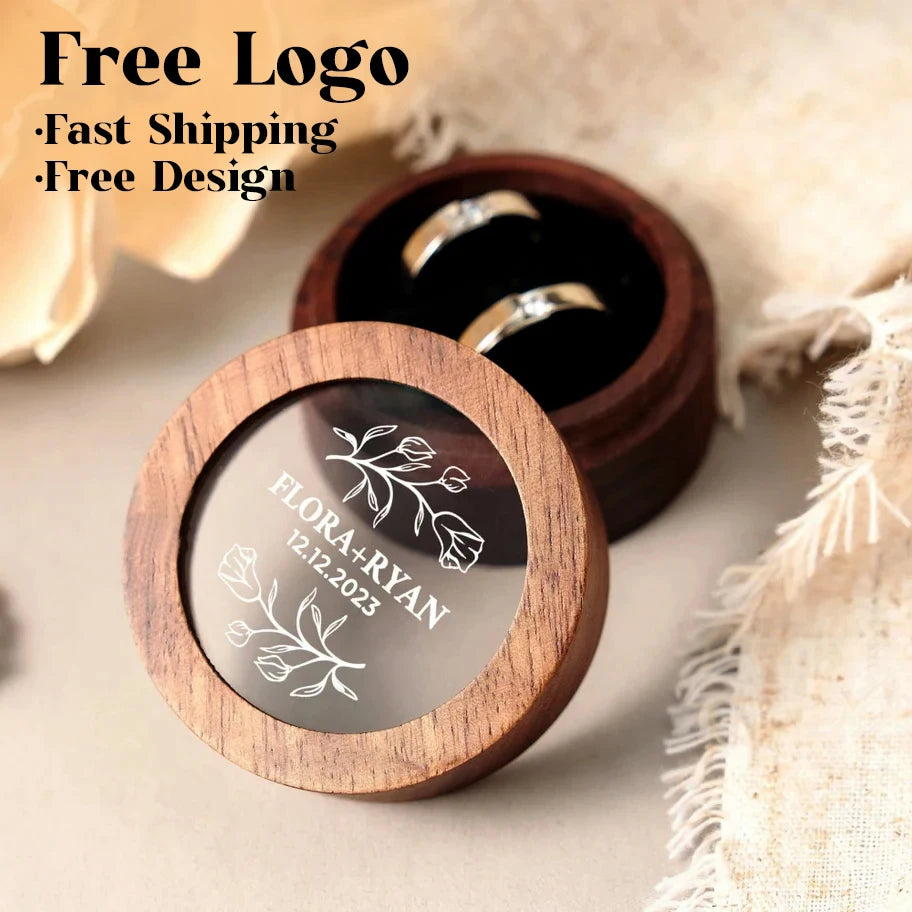 Free Custom Logo Walunt Wood Ring Box Wooden Engraving Wedding Proposal Engagement Round Wood Free Custom Name and Date Ring Box