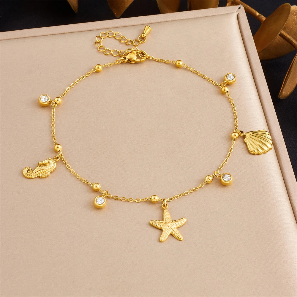 DIEYURO 316L Stainless Steel Classical Elements Starfish Seahorse Shell Pendant Anklets Women Fashion And Leisure Foot Chain