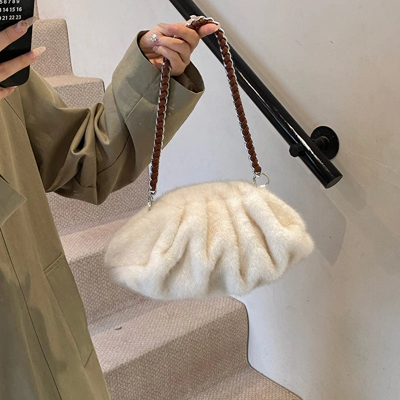 MOODS Pleated Design Faux Fur Shoulder Bags For Women 2024 Luxury Designer Purses And Handbags Winter Warm Soft Plush Hobo Bags