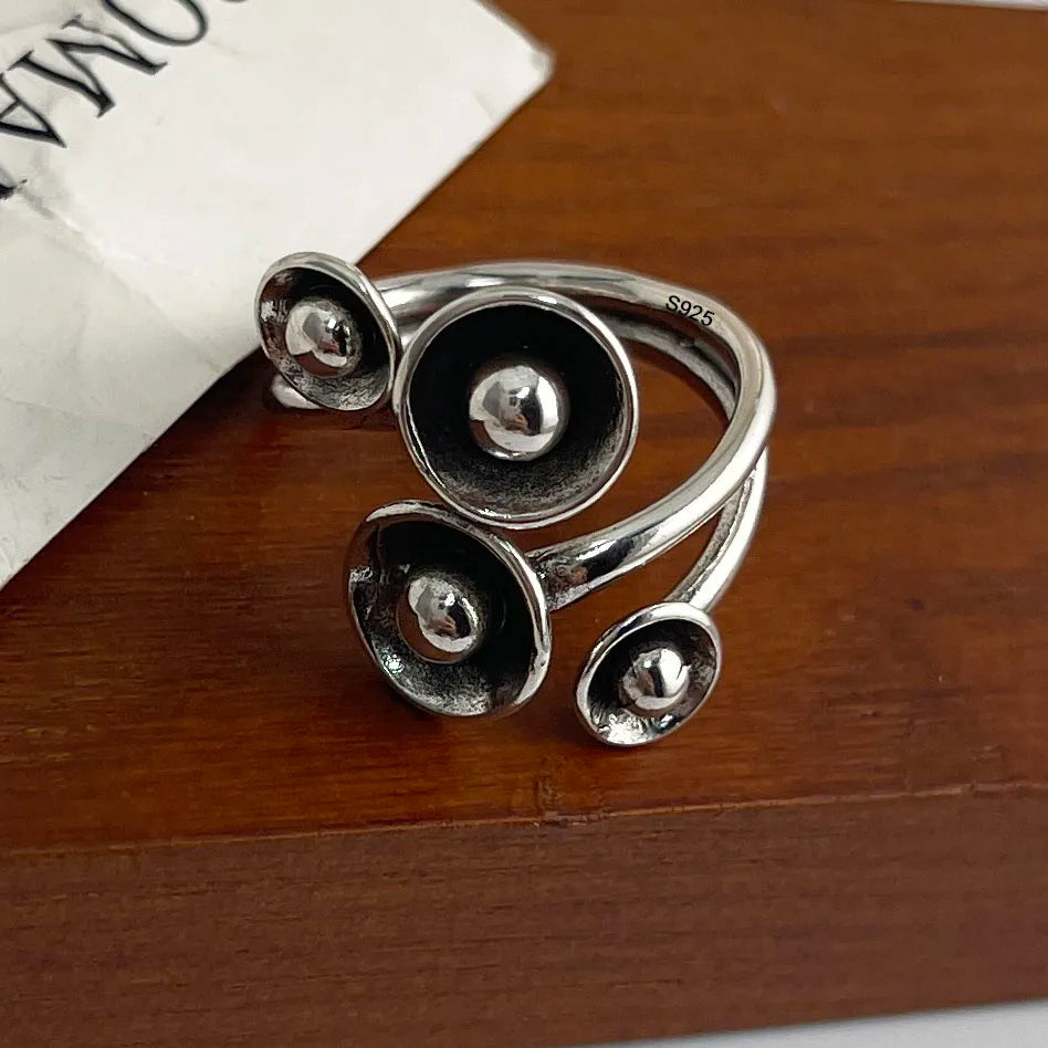 925 Sterling Silver Rings For Women Geometric Fine Jewelry Finger Adjustable Simple Retro Flower Ring For Party Birthday Gift