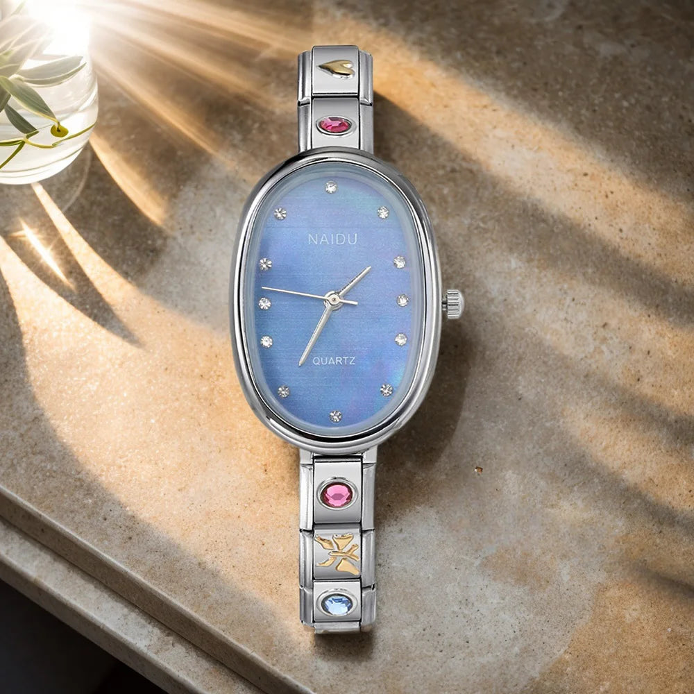 GEMOSA Modern Oval Casual Vintage Design Quartz Watches Women Ladies Stainless Steel Width 9mm Strap Party Birthday Perfect Gift