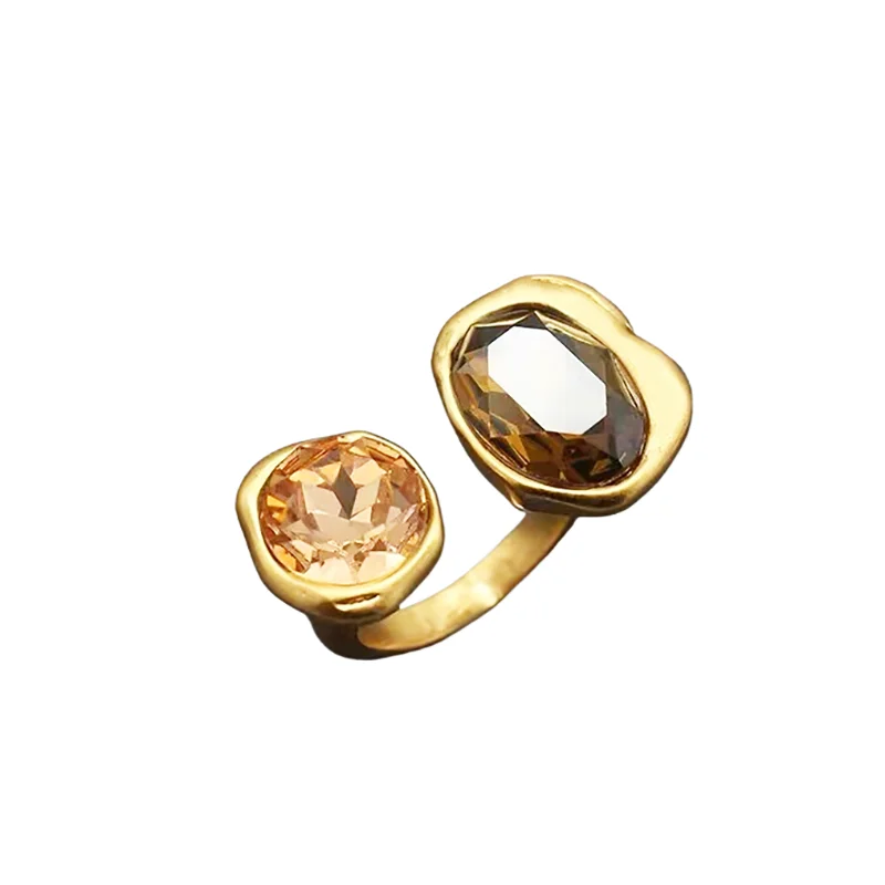 European and American Retro Metal Geometric Rhinestone Contrasting Open Rings For Women‘s Trendy Jewelry Finger Accessorioes