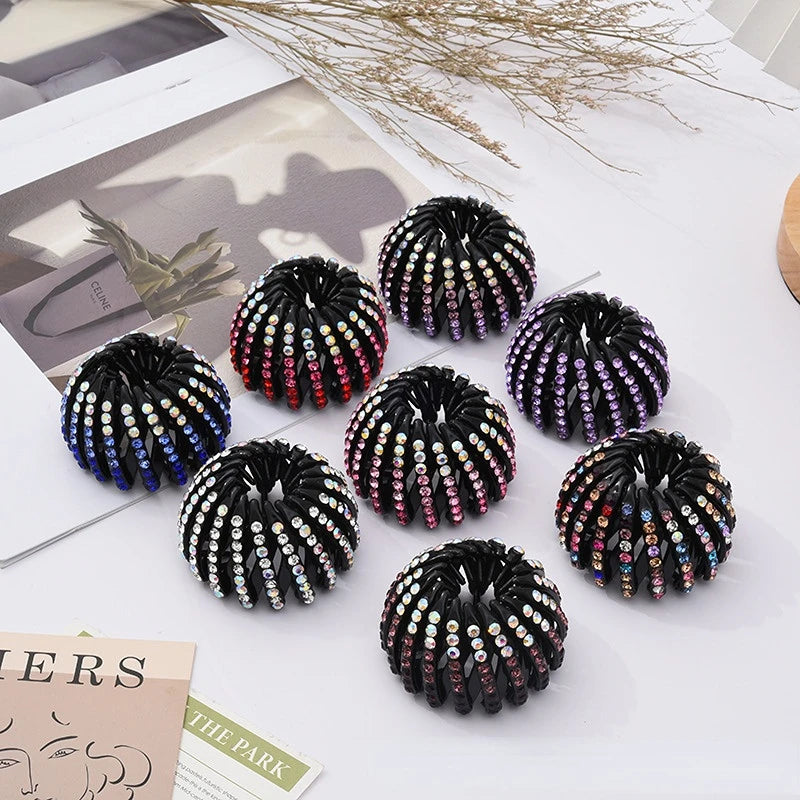 Fashion Crystal Rhinestone Hairpin Bun Hair Claw Clips Horsetail Buckle Hair Clip Bird Nest Expanding Hair Accessories for Women