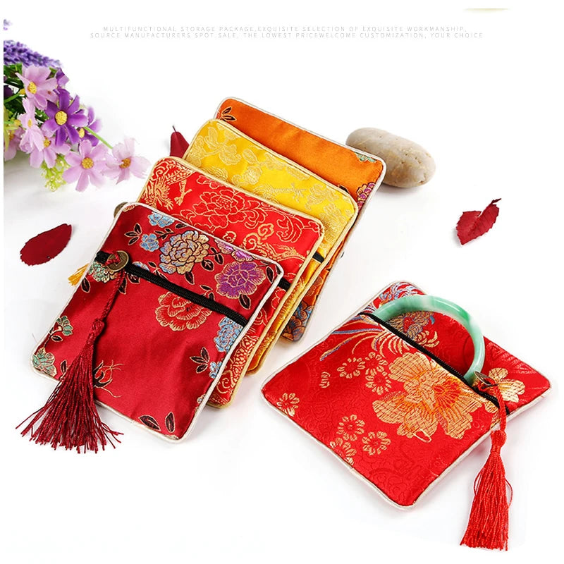 Chinese Brocade Jewelry Bag Handmade Silk Embroidery Tassel Zipper Satin Gift Bag Jewelry Packaging Pouches Coin Purse Wholesale