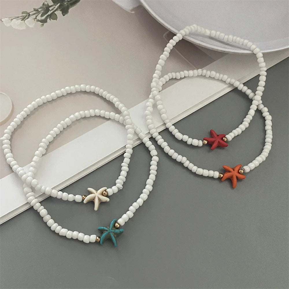 1 PC Starfish Anklet Rice Beads Handmade White Color Foot Bracelet Jewelry Gift for Friend Summer Gift Foot Bracelet