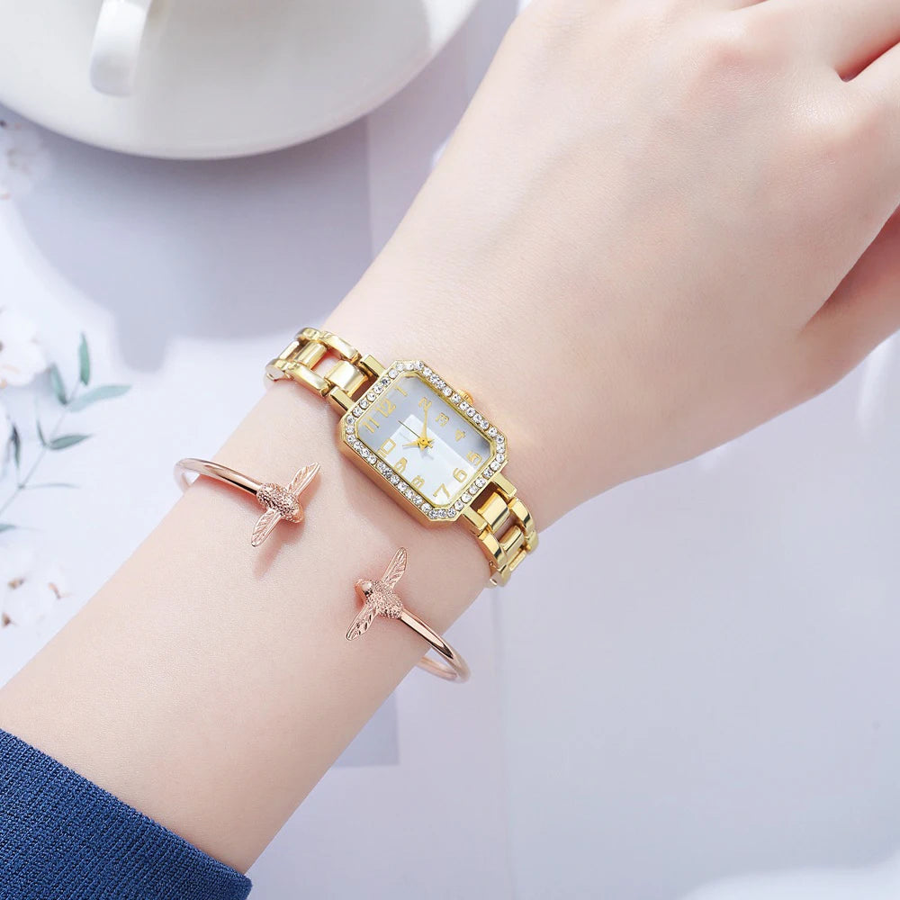 Luxury Women's Watch 2025 New Simple Square Full Diamond Digital Quartz Watche Gold Stainless Steel Bracelet Women's Dress Clock