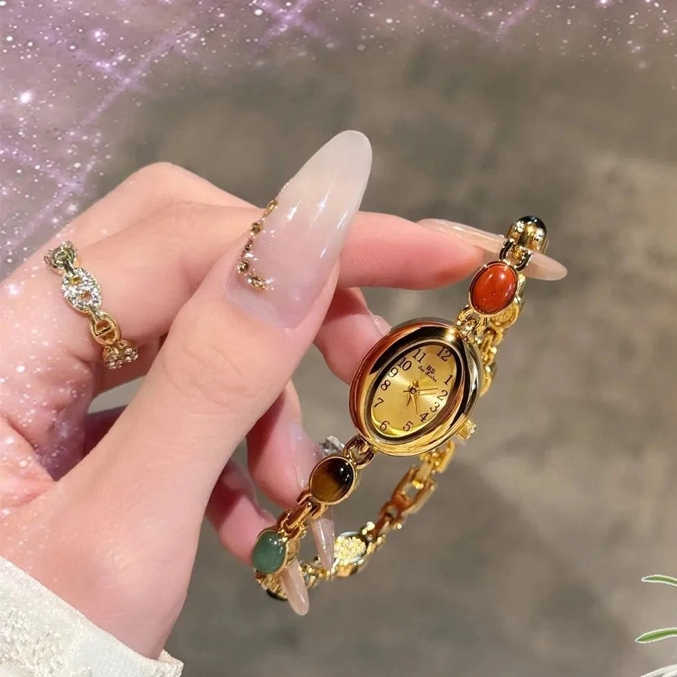 Luxury Vintage Quartz Women's Watches Fashion Natural Green Jade Bracelet Clock Numerals Small Oval Dial Watch Woman Accesories