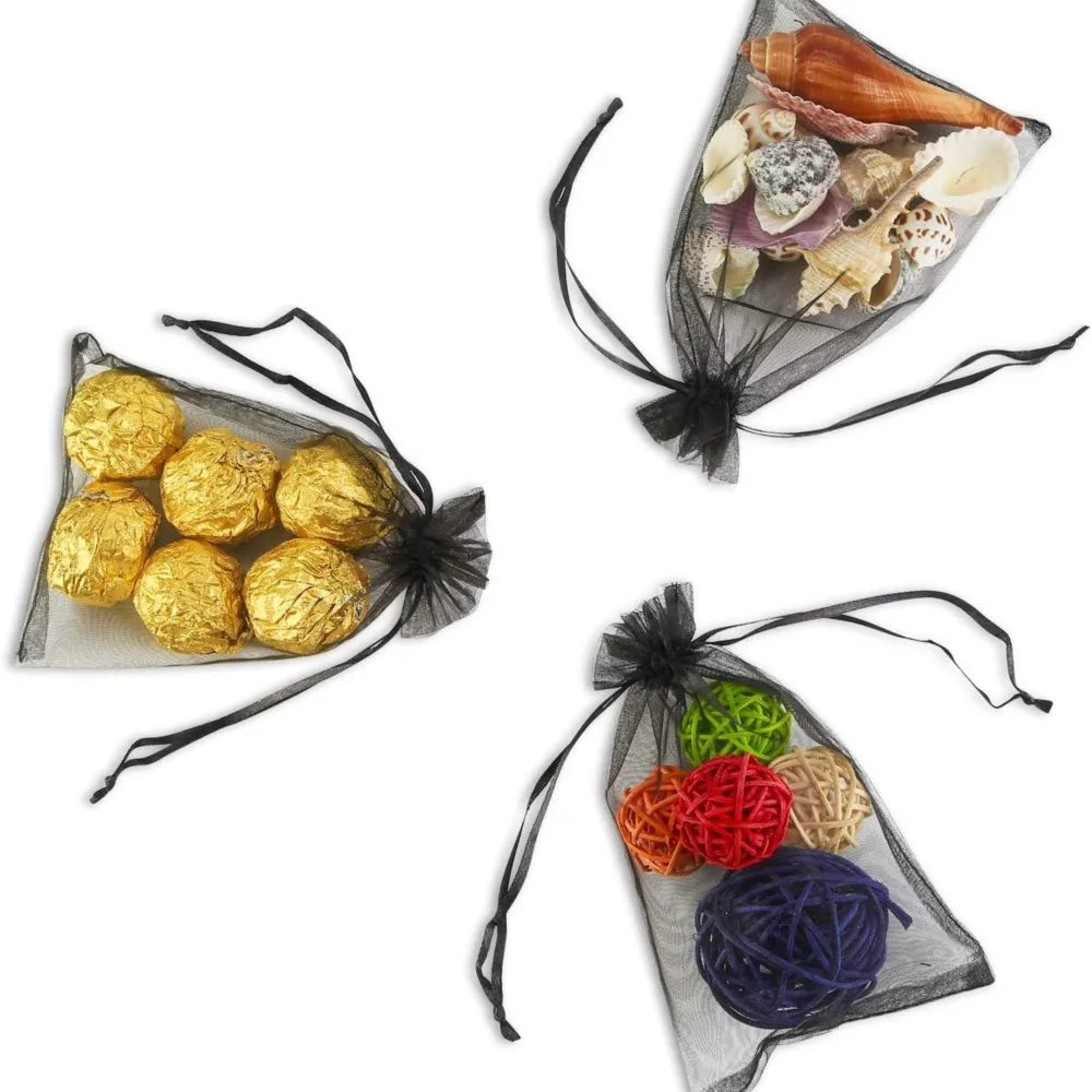 50Pcs 5x7 7x9 9x12cm Black Sheer Organza Drawstring Gift Bags For Wedding Birthday Party Favor Pouches Jewelry Display Packaging