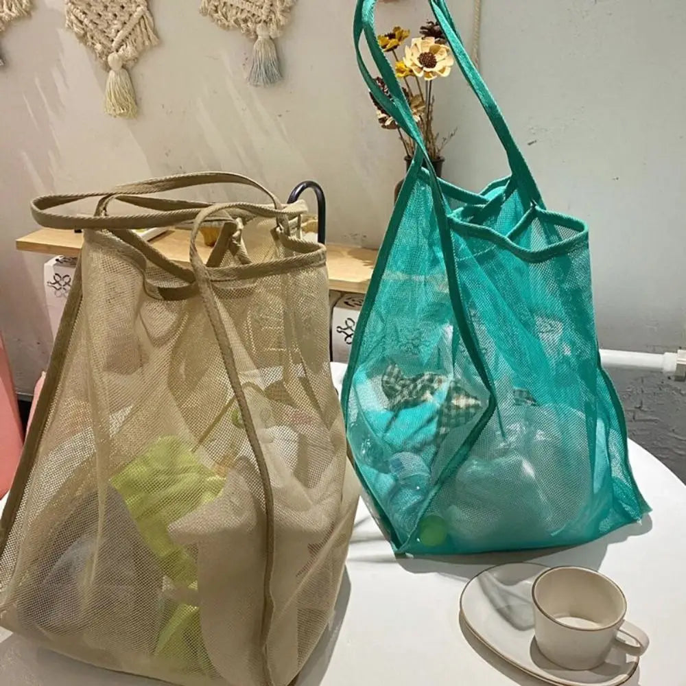 New Fashion INS Style Mesh Shoulder Bag Transparent Lightweight Handbag Large Capacity Portable Beach Mesh Shopping Bag