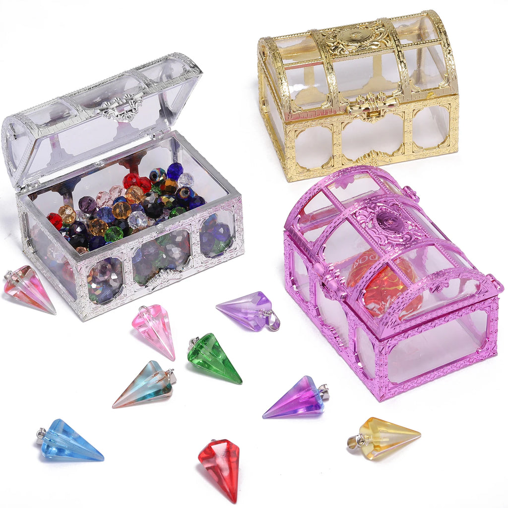 1Pcs Vintage Transparent Storage Organizer Box Treasure Chest Pirate Treasure Box Crystal Gem Jewelry Box Plastic Earrings Chest