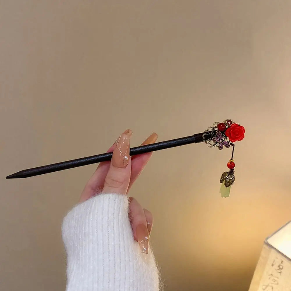 Fashion Retro Red Hair Stick Vintage Ancient Style Chinese Hairpin Headwear Handmade Multi-purpose Red Rose Fringe Hairpin