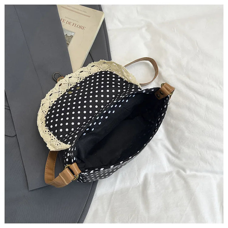 French Retro Dot Women Shoulder Bags Sweet Lace Ladies Flap Crossbody Bag Purse Elegant Portable Female Lightweight Handbags