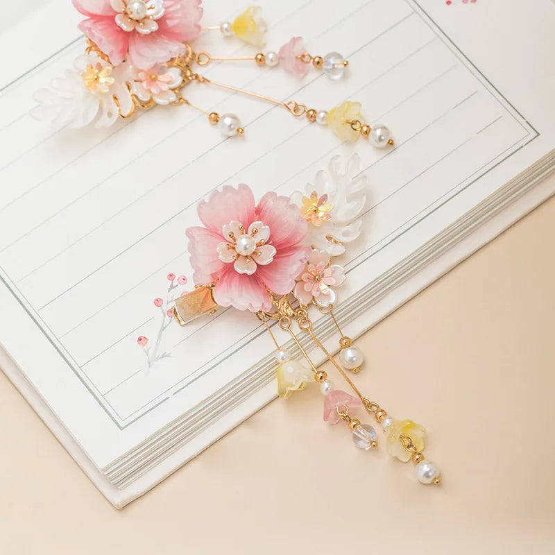 2pcs Flower Hairpin Chinese Hanfu Hair Clips For Women Pearl Tassel Barrettes Girls Vintage Wedding Hair Jewelry Bijoux Gifts