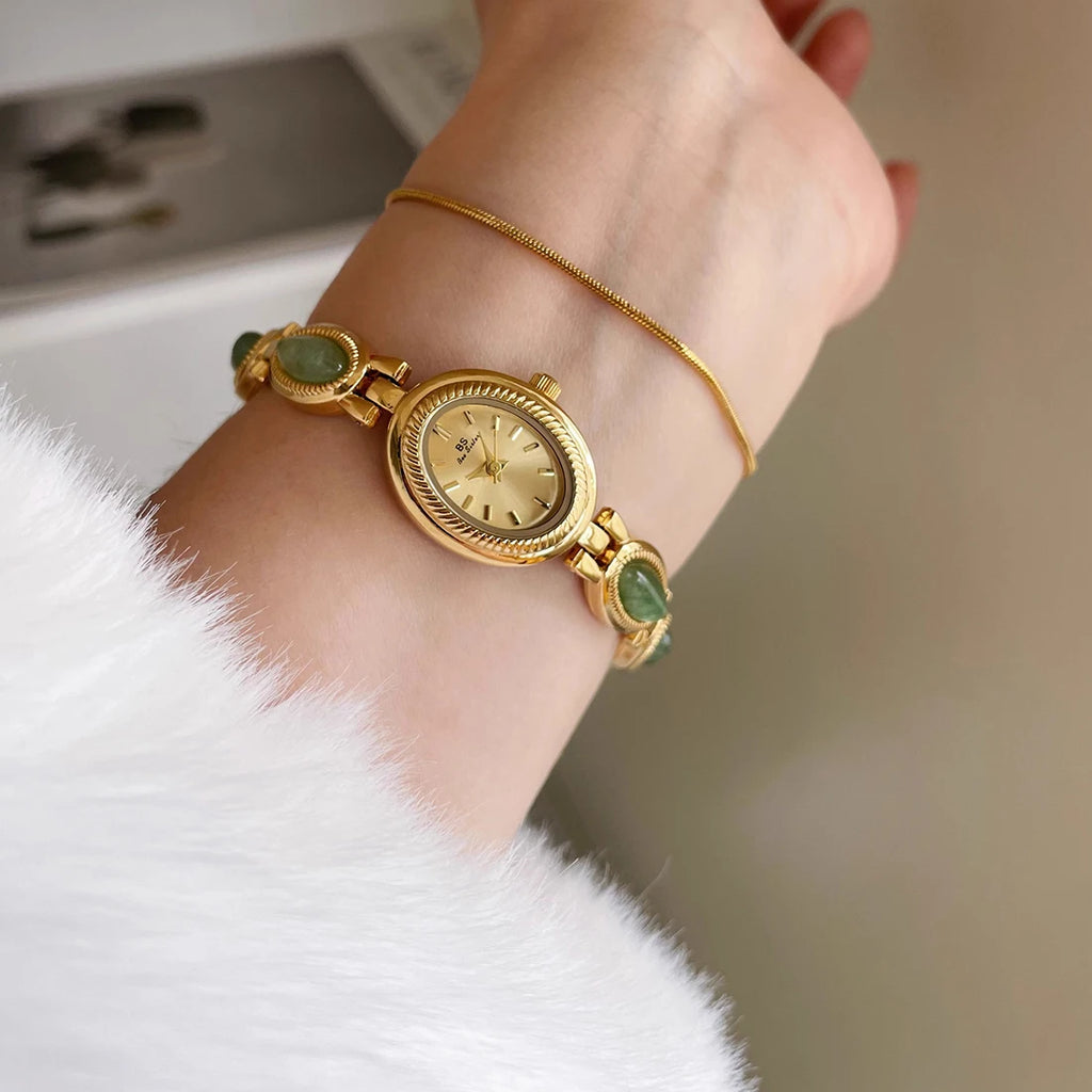 Natural Jade Bracelet Watch Gift Women,Ladies Watches Luxury High Quality Gold Quartz Watches, Elegant Women's Wristwatches