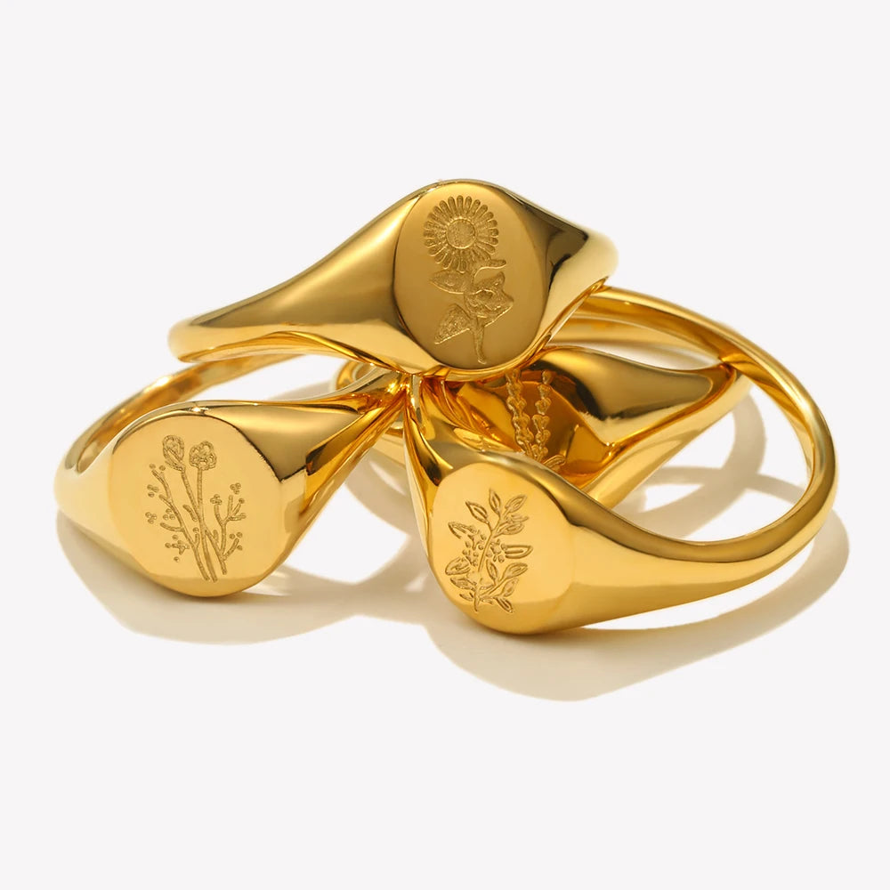 E.B.belle Tarnish Free Stainless Steel 18k Gold Plated Engraving Wildflower Tea Leaf Lavender Sunflower Signet Rings For Women