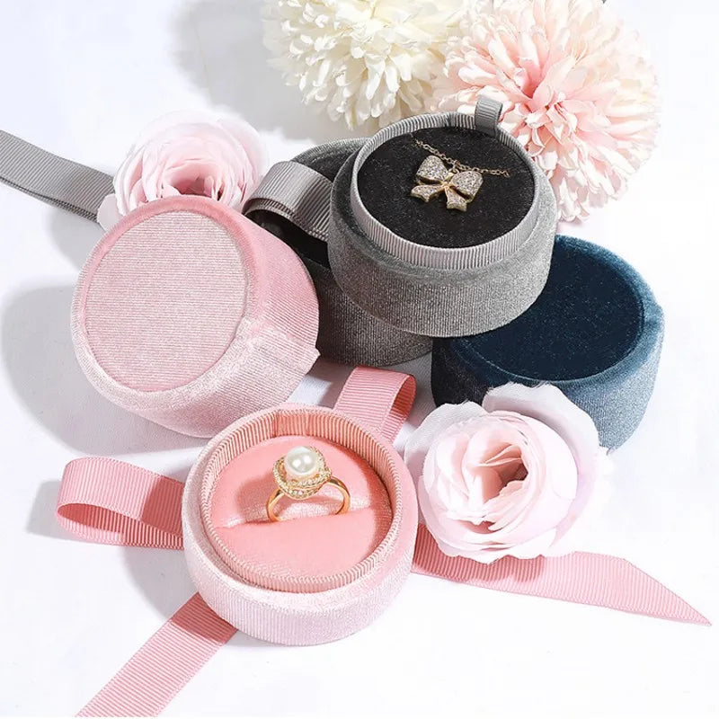 Velvet Round Silk Ribbon Jewelry Box Ring Necklace Earrings Jewelry Storage Box for Proposal Wedding Jewelry Packaging Display