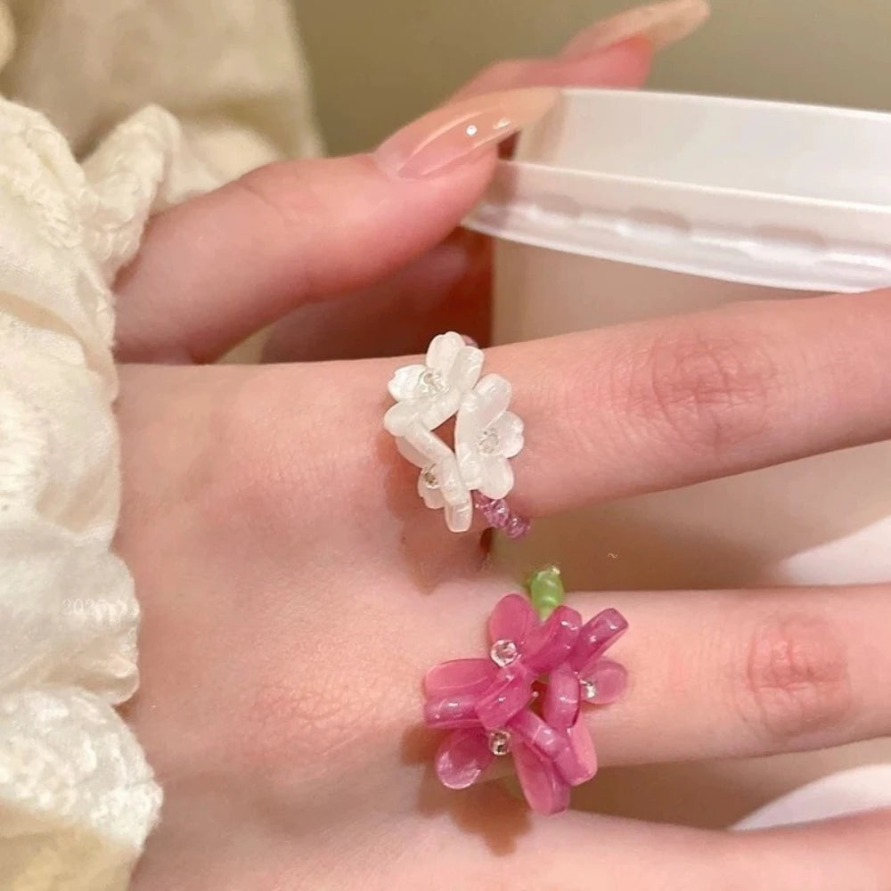 New Romantic Cute Violet Flower Ring Spring Summer Elastic Beaded Rings for Women Friends Korea Finger Jewelry Accessories Gift