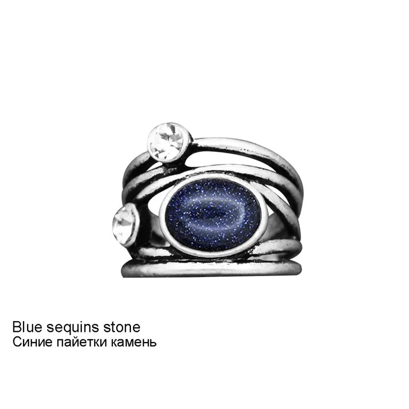 Vintage Look Natural Lapis Lazuli Quartz Rings For Women Antique Silver Plated Plant Crystal Stone Fashion Jewelry