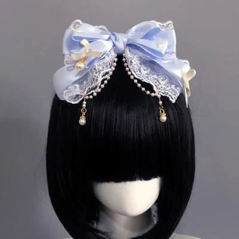 Lolita Bow Lace Hair Clip Headpiece Cosplay Headwear Women Hair Accessories Lolita Handmade Lace Pearl Hair Band Headband Bow