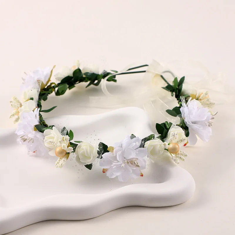 Flower Crown Wreath Bride Garland with Ribbon Communion Wreath Handmade Headband Headpiece Fairy Tiaras Wedding Hair Accessories