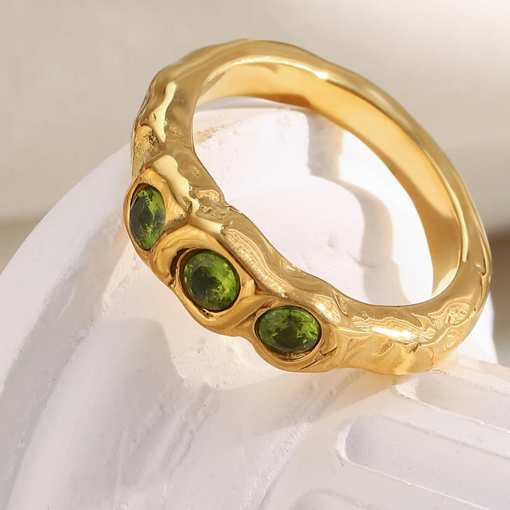 La. Muses Three Green Zircon Stainless Steel Women's Ring PVD Gold Plated Trendy Daily Jewelry Accessories Gift