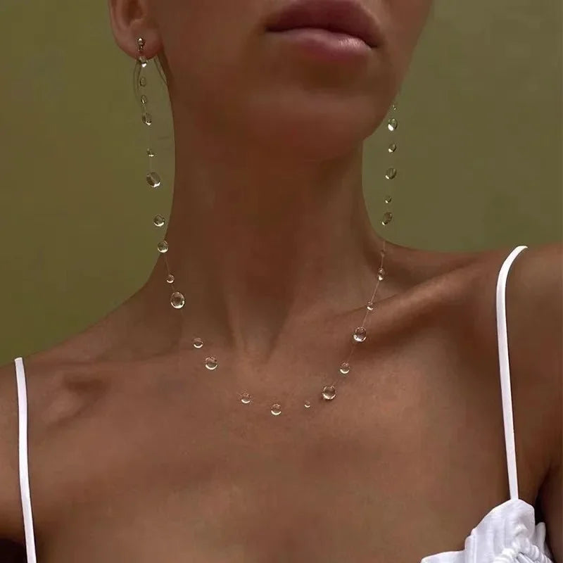Simple Transparent Water Drop Clavicle Chain Thin Rope Beaded Tassel Earrings Necklace Bracelet Women Niche Personalized Jewelry