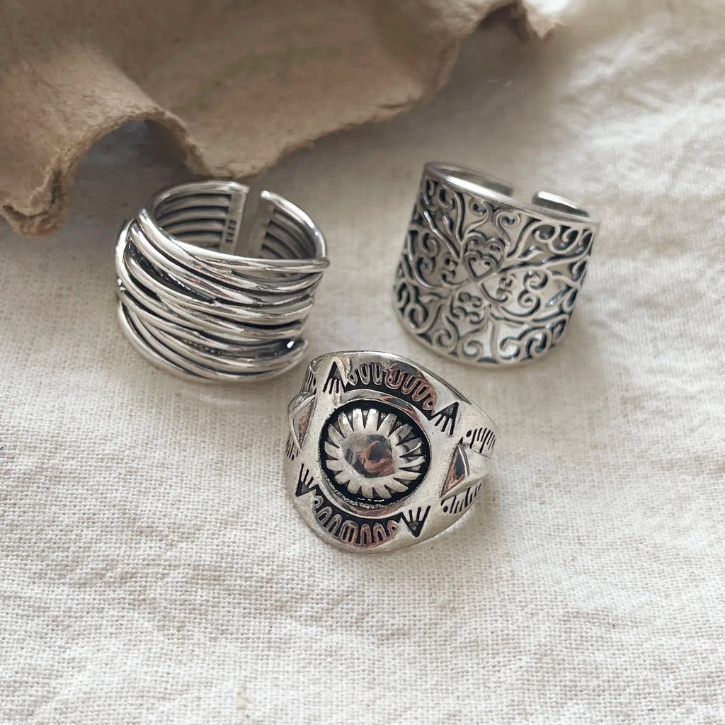 925 Sterling Silver Rings For Women Geometric Fine Jewelry Finger Adjustable Retro Flower Hollow Ring For Party Birthday Gift