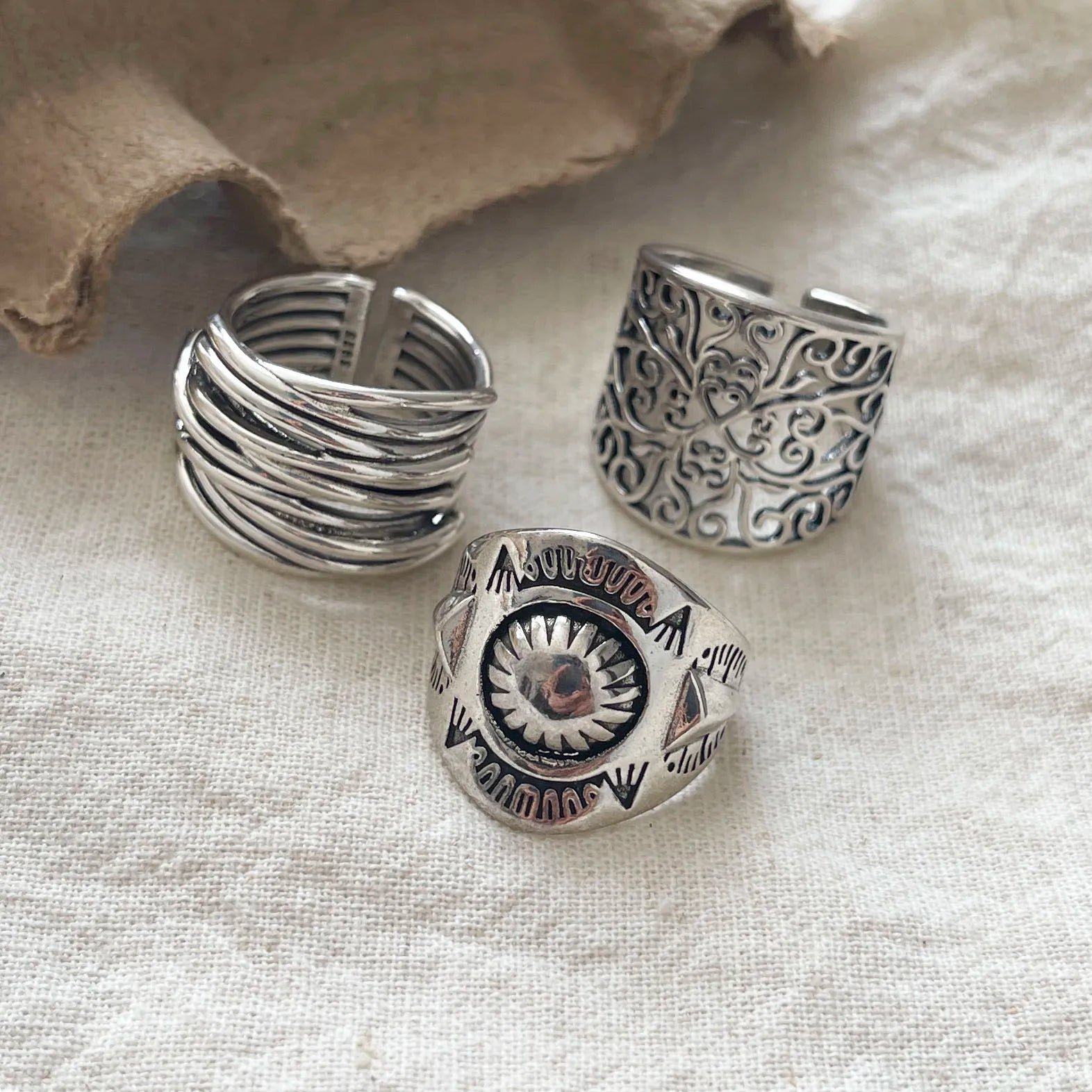 925 Sterling Silver Rings For Women Geometric Fine Jewelry Finger Adjustable Retro Flower Hollow Ring For Party Birthday Gift