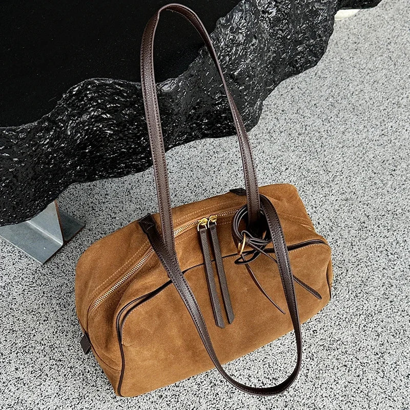 Autumn Winter Women's Cow Genuine Leather Tote Bag Suede Commuting Cowhide Handbags Large Capacity Designer Luxury Velvet Bags
