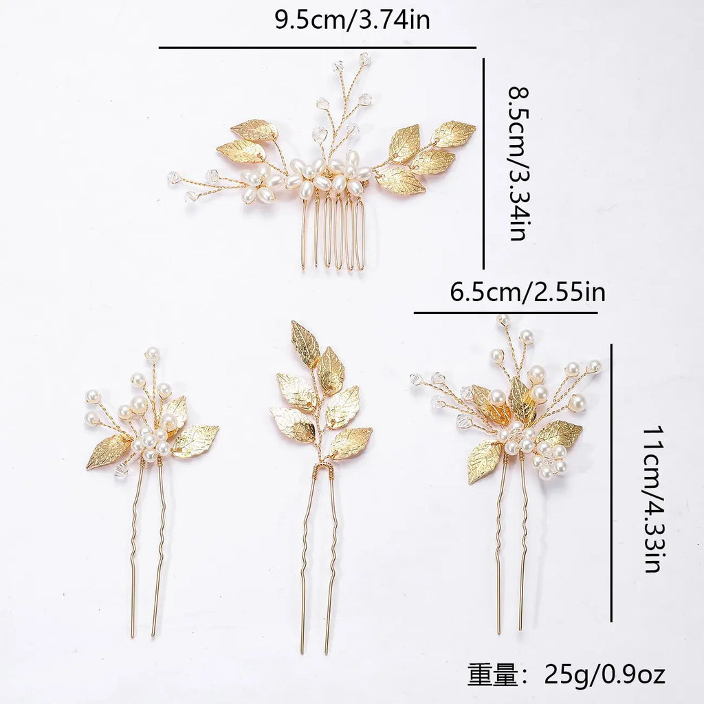 Pearl Hairpin With Side Comb Wedding Hair Accessories Golden Leaf Beads Flower Hair Clip U-shaped Alloy Headwear Fashion Jewelry