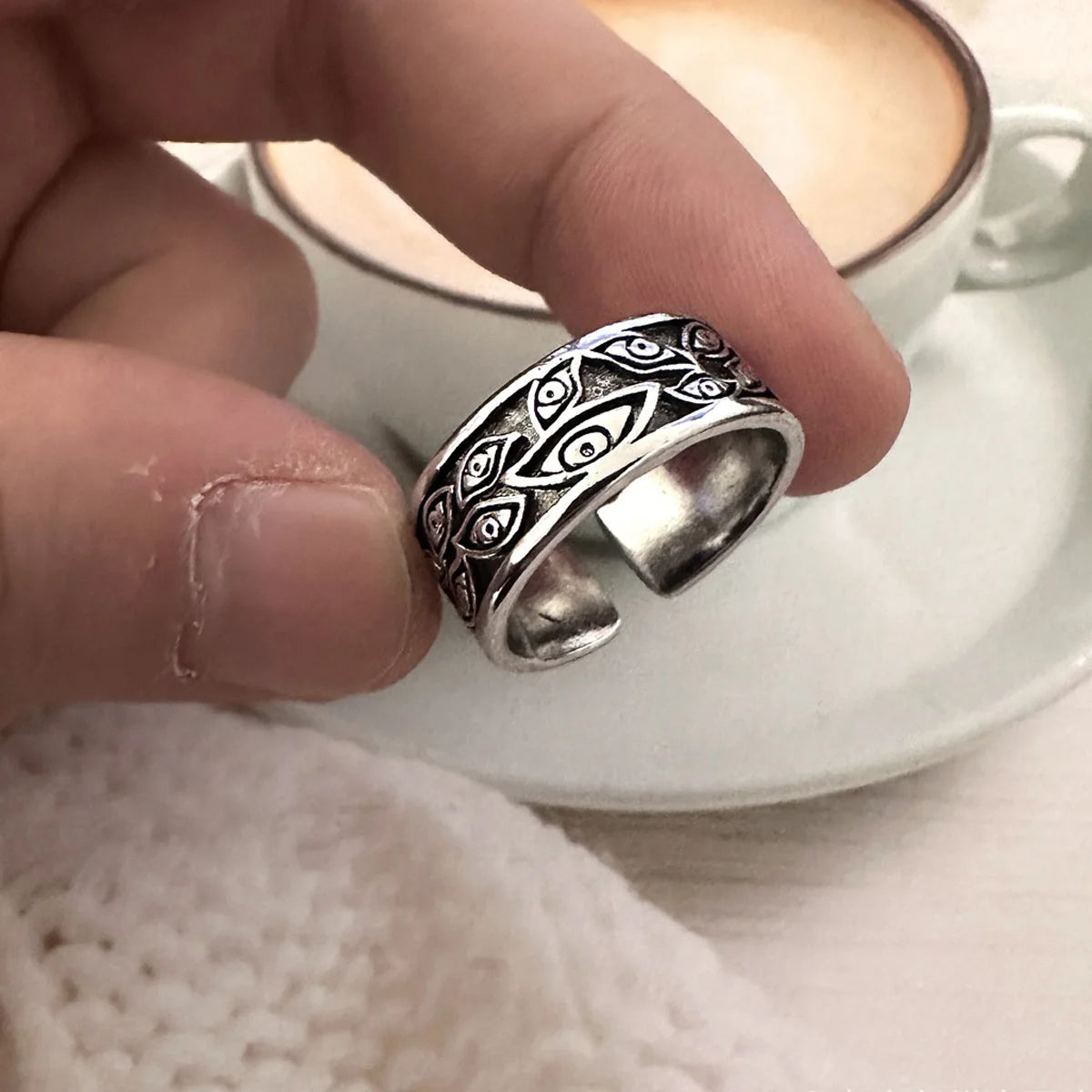 Retro Devils Eyes Ring For Men Silver Color Punk Gothic Adjustable Cuff Ring Rock HipHop Handmade Jewelry Accessories Man Gift