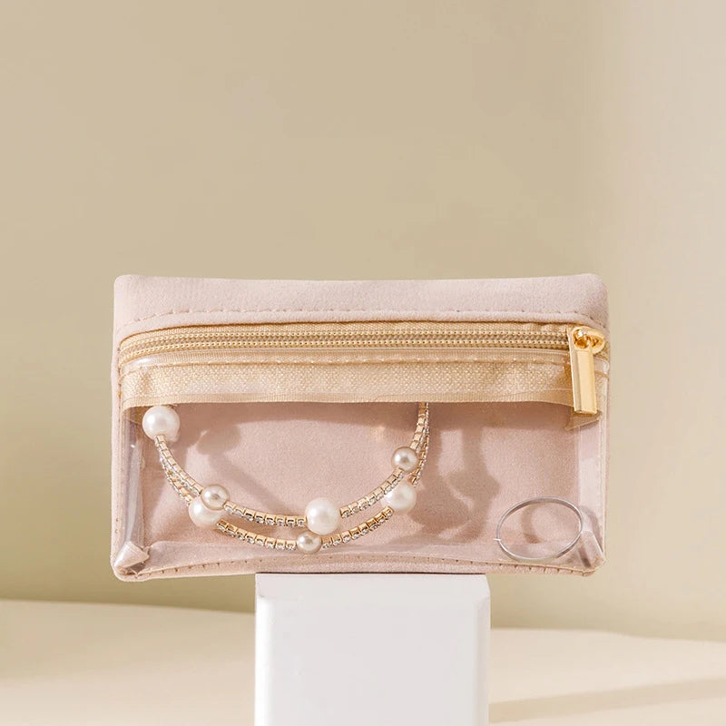 Portable Jewelry Storage Bag Earrings Necklace Velvet Zipper Pouch Travel Watch Ring Organizer Clear Water-Proof Dustproof Bag