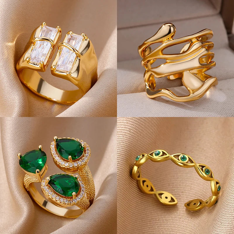 Irregular Square Zircon Rings For Women Stainless Steel Geometric Opening Ring Trend Wedding Party Fashion Jewerly Gift
