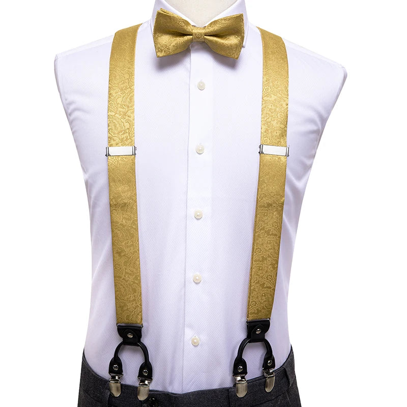 Hi-Tie Adult Men's Suspender Set Leather 6 Clips Braces Vintage Fashion Gold Floral Wedding Suspenders and Bowtie Set