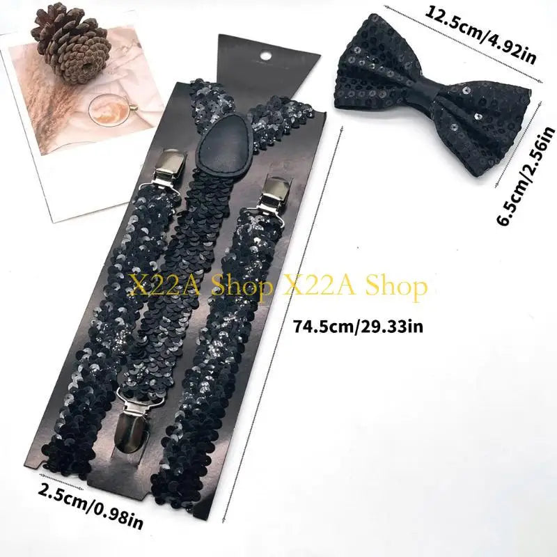 Unique Shining Suspenders Bowtie Set Sequins Brace with Adjustable Straps and Metal Clip for Formal Occasion Stage Show Props
