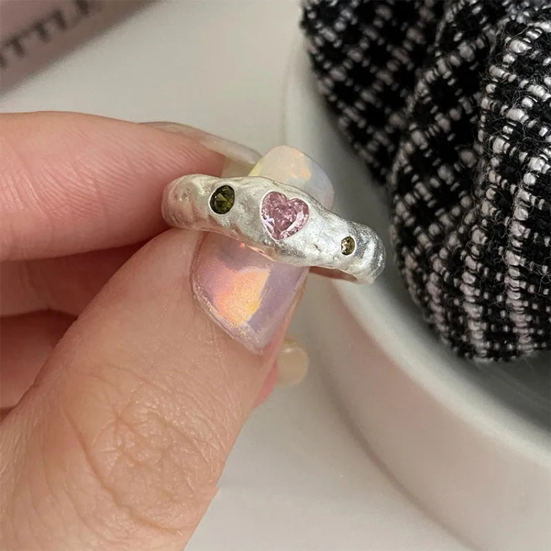 New Sweet Personality 925 Sterling Silver Adjustable Irregularly Texture Heart-shaped Pink Crystal Ring for Woman Korean Jewelry
